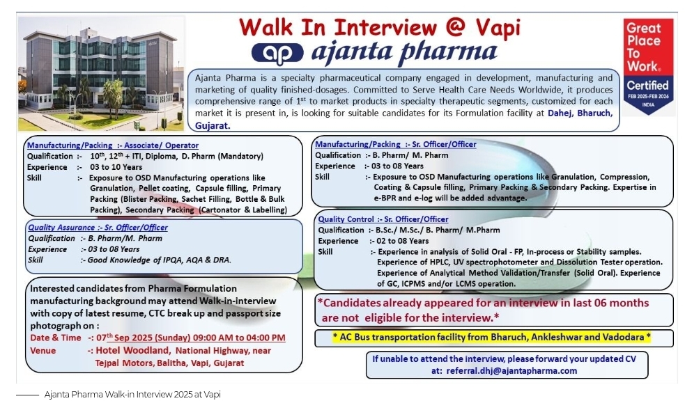 Job openings at Ajanta Pharma