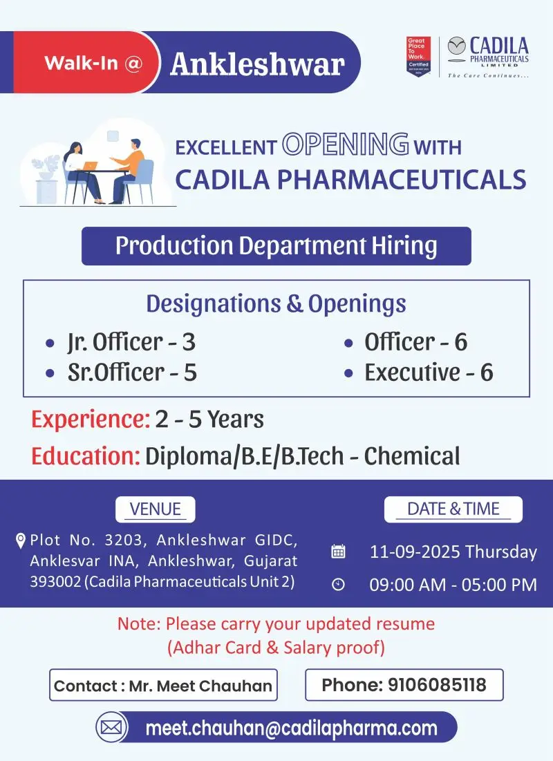 Cadila Pharma Jobs in Ankleshwar 2025