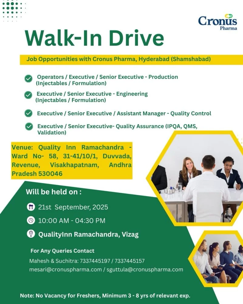 Cronus Pharma Jobs in Hyderabad – Walk-In 21 Sept 2025