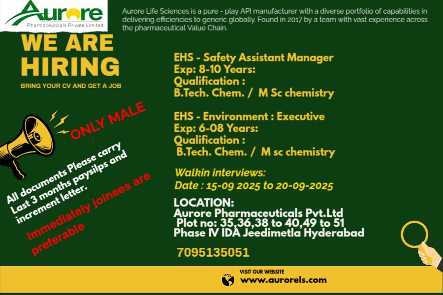 Aurore Pharma jobs in Hyderabad Walk-In 2025