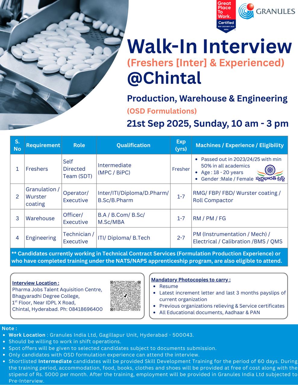 Job Opening Granules Pharma jobs in Hyderabad