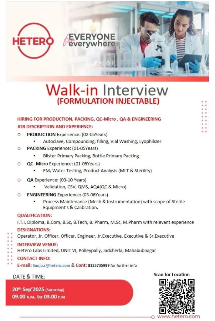 Job openings at Hetero Pharma in Jadcherla Mahabubnagar – Walk-In 20 September 2025