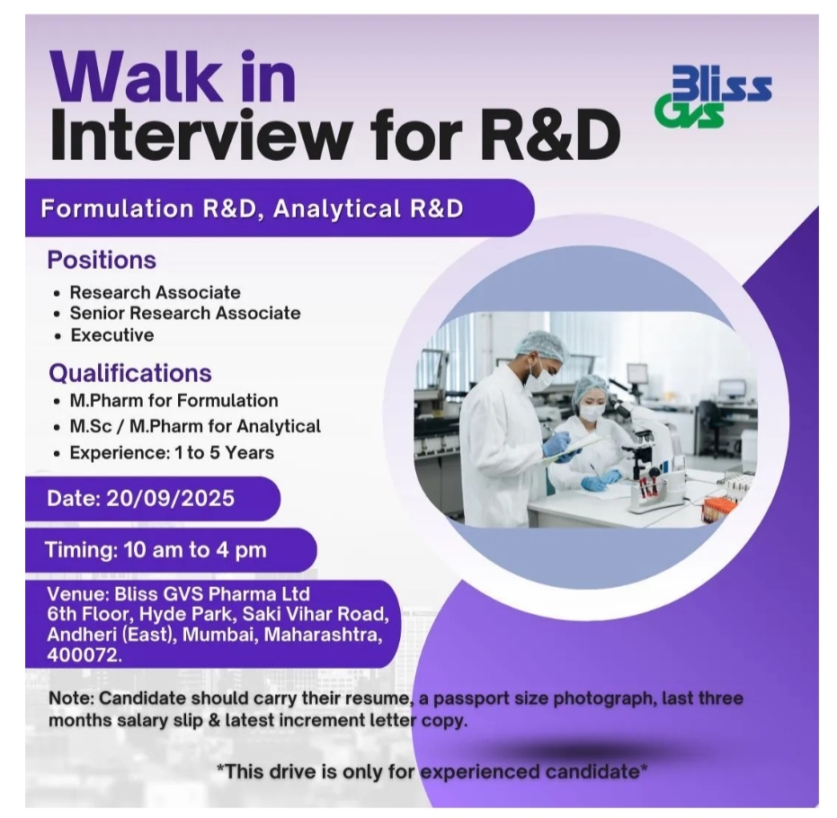 Bliss GVS Pharma Jobs in Mumbai – Walk-In Interview for Formulation R&D & Analytical R&D – 20th September 2025