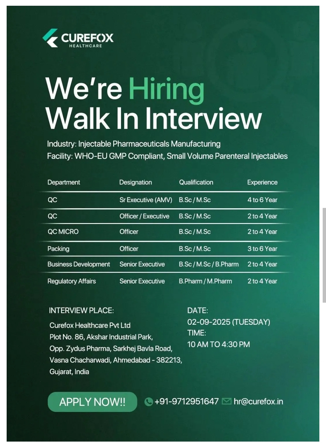 Curefox Healthcare pharma jobs walk-in interview 2025