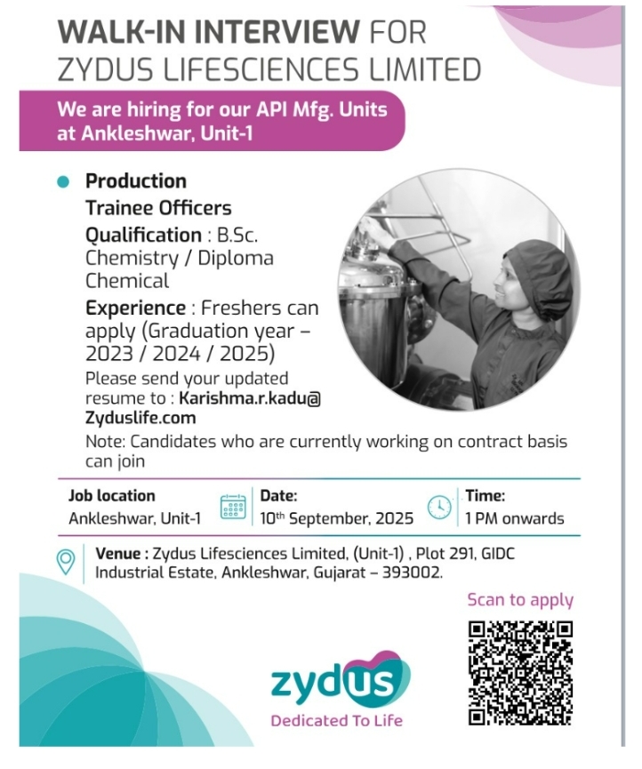 Zydus Pharma jobs in Ankleshwar 2025