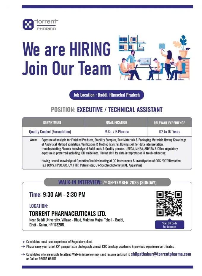 Torrent Pharma jobs in Baddi QC Walk-In 2025