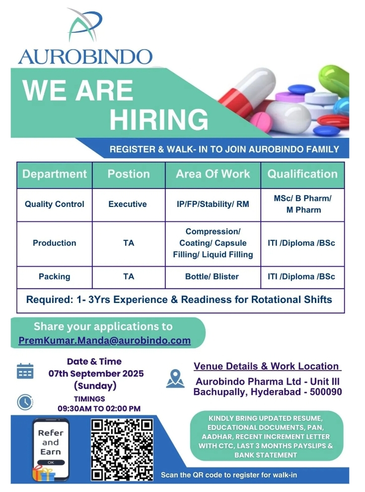 Aurobindo Pharma jobs in Hyderabad 2025