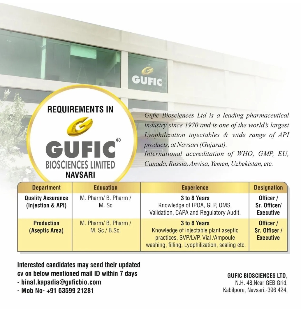 Gufic Biosciences pharma jobs openings 2025