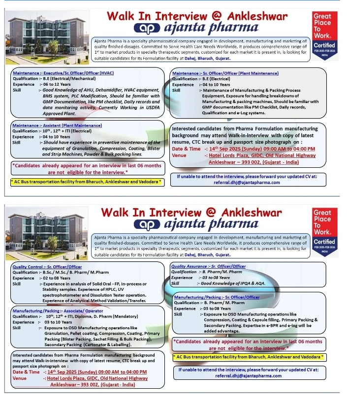 Ajanta Pharma jobs Walk-In Openings 2025
