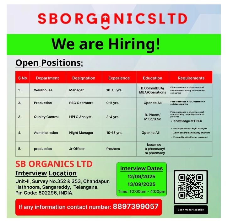 SB Organics Ltd pharma jobs 2025