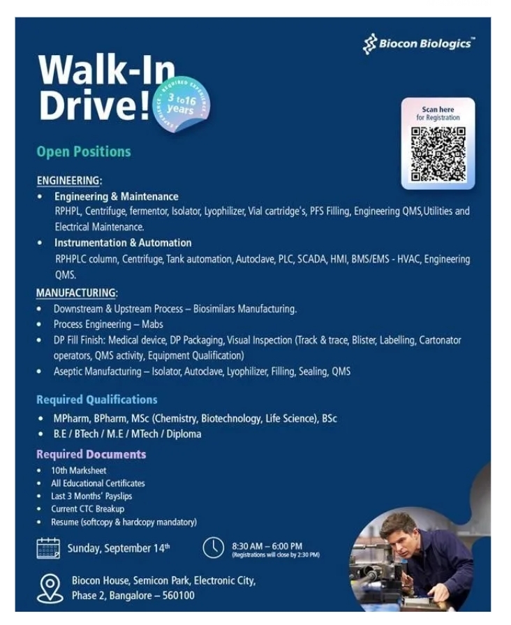 Job opening at Biocon Biologics