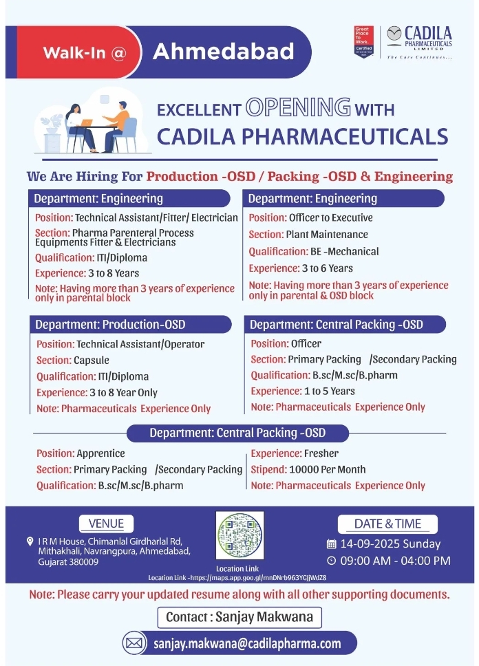 Cadila Engineering Production Pharma Jobs