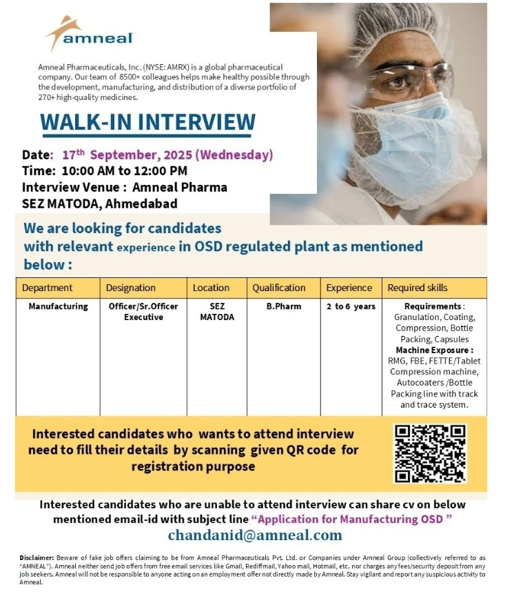 Amneal Pharma B.Pharm Manufacturing pharma jobs
