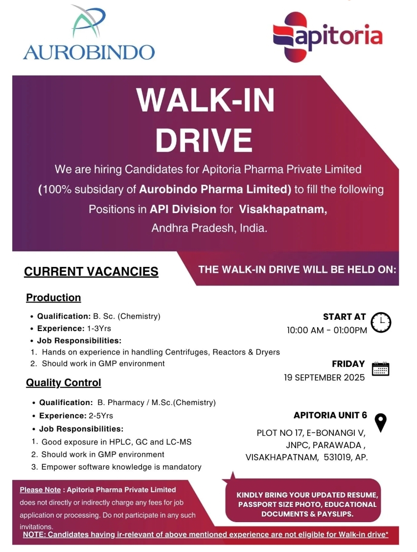 Job Opening at Apitoria Pharma – pharma jobs