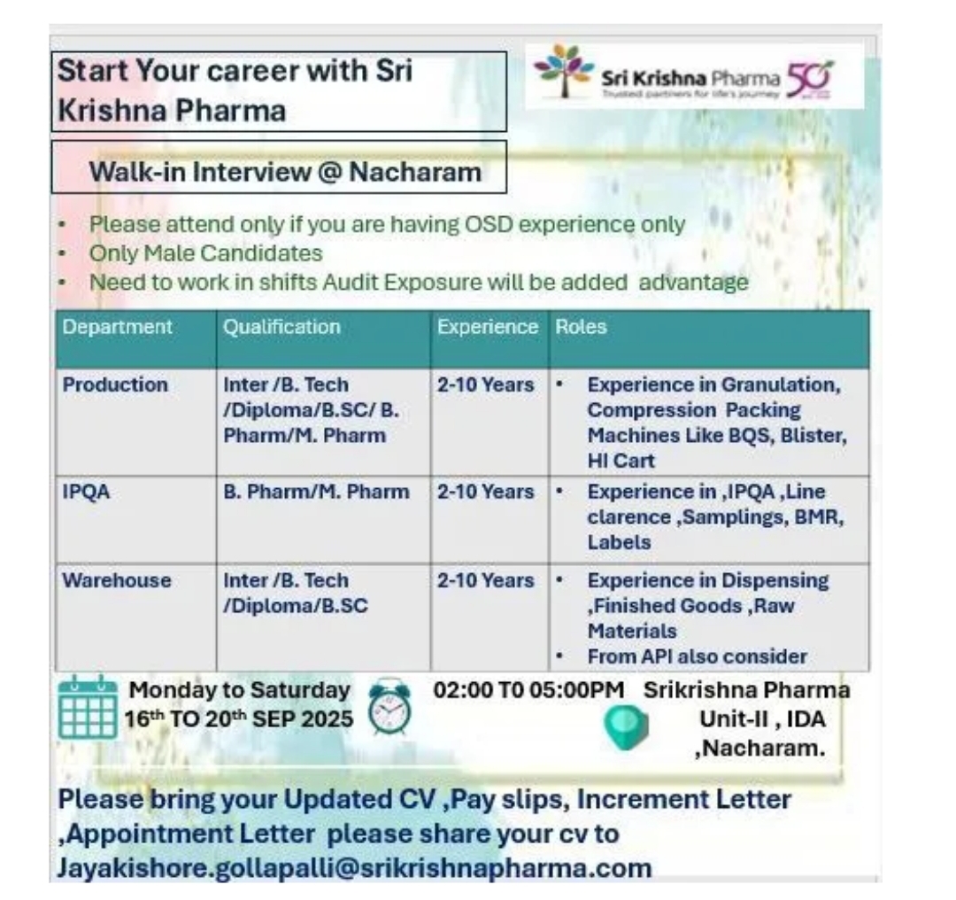 Job Opening – Shri Krishna Pharma Jobs in nacharam 
