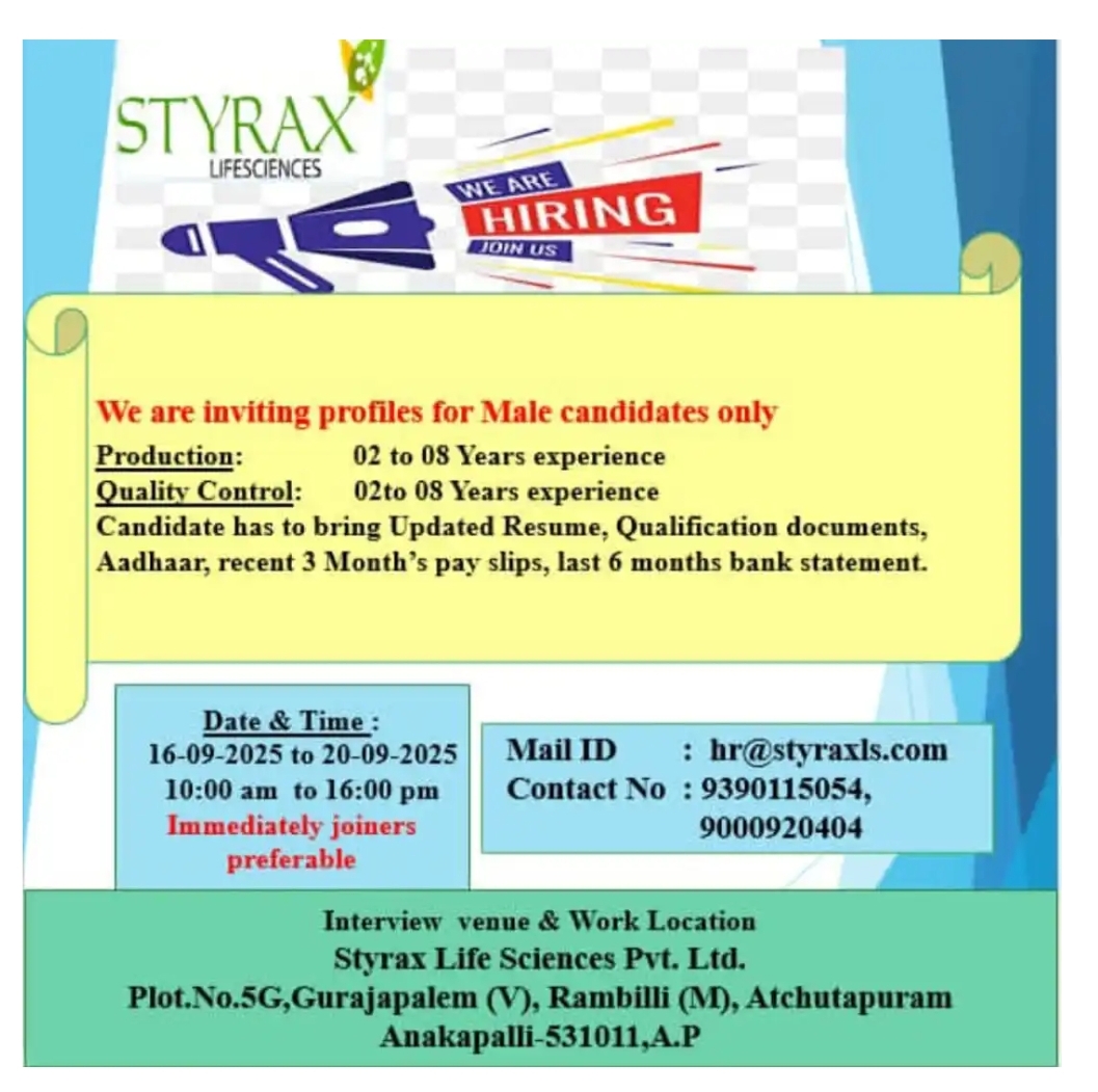 Job Opening – Styrax Life Sciences Pharma jobs in Anakapalli