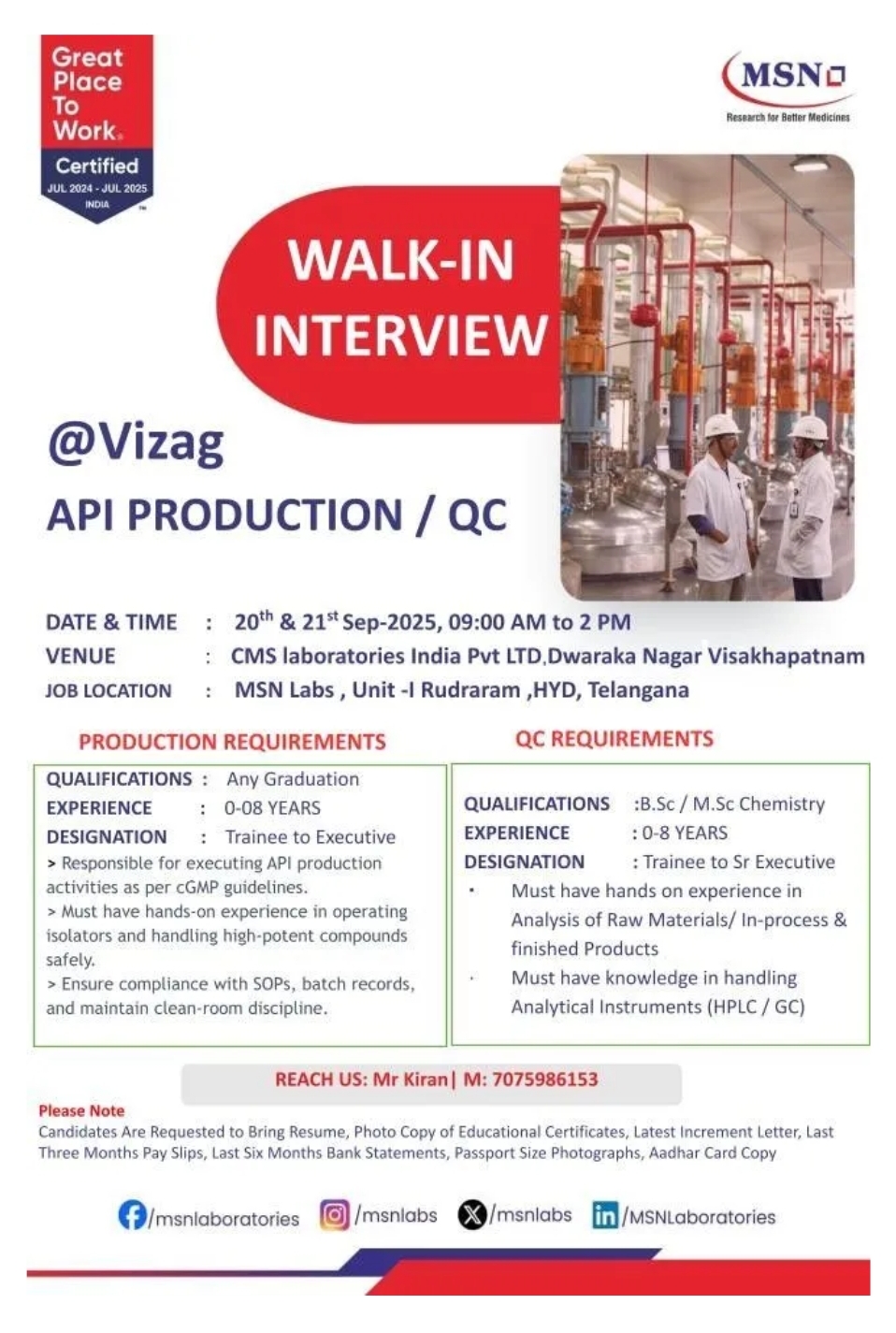MSN Pharma jobs in Vizag Walk-In 2025
