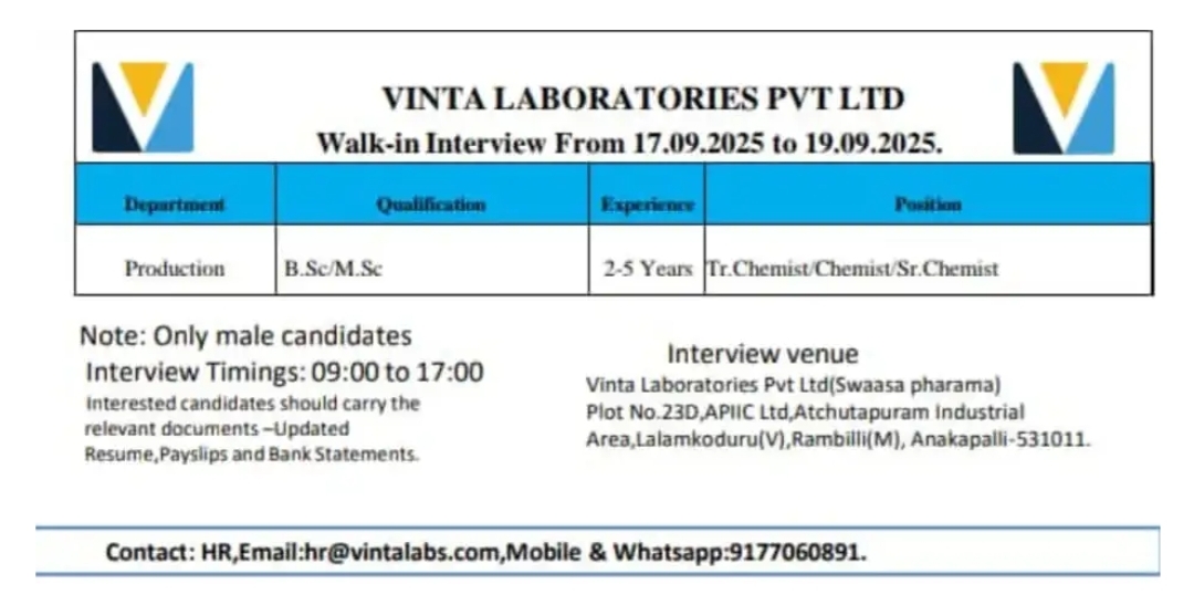 Job Opening at Vinta Laboratories Pharma jobs in Anakapalli