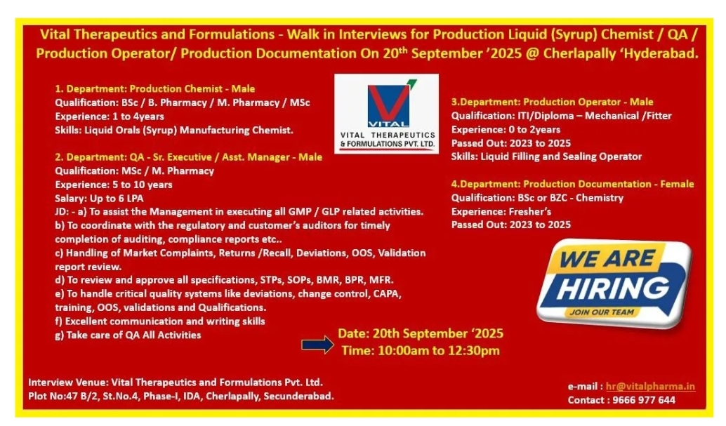 Vital Therapeutics Pharma Jobs in Hyderabad – Walk-In Interview 20 Sept 2025