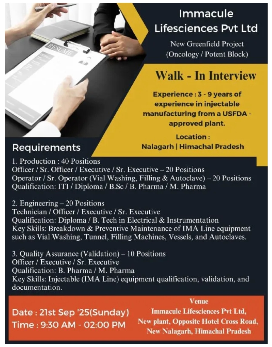 Job opening at Immacule Lifesciences pharma jobs