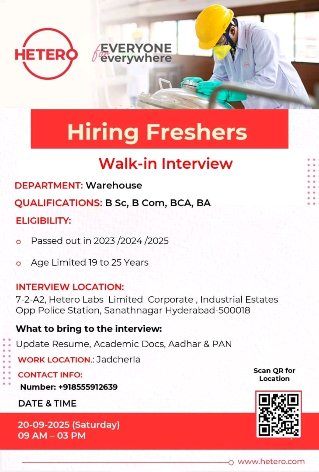 Job opening at Hetero pharma jobs 