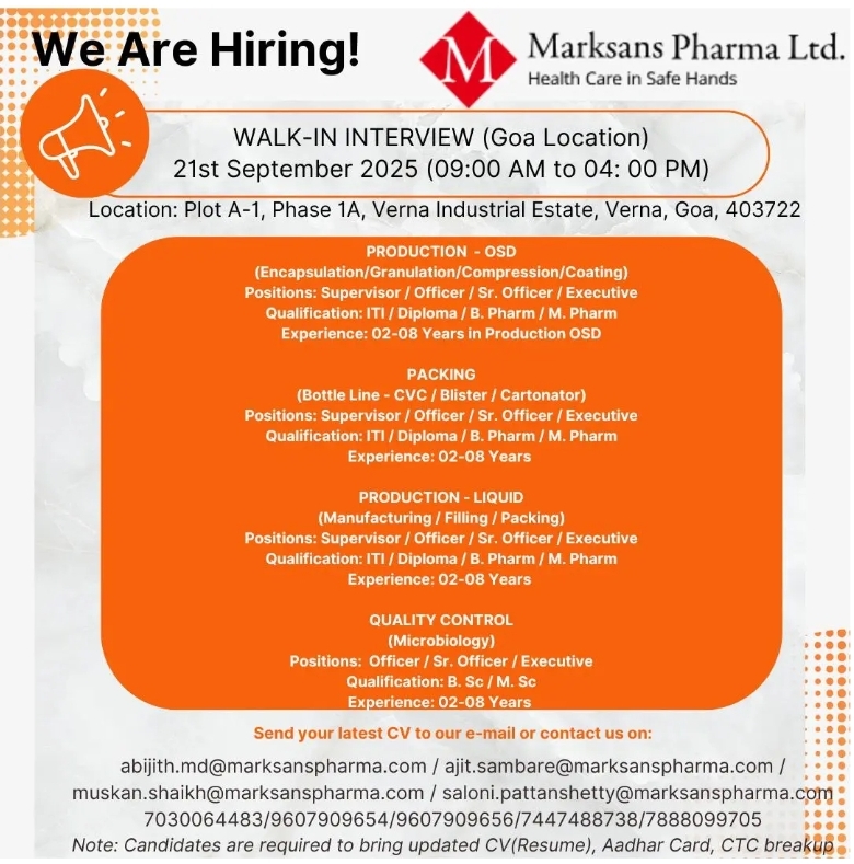Job openings at Marksans Pharma pharma jobs interview 2025