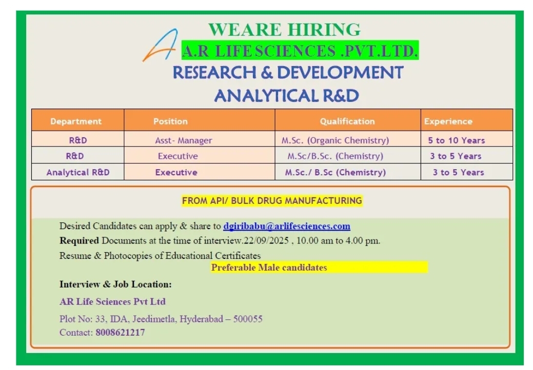 Job openings at A.R Life Sciences Pharma jobs in Hyderabad