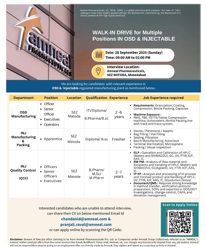 Job Opening Amneal Pharma jobs in Ahmedabad