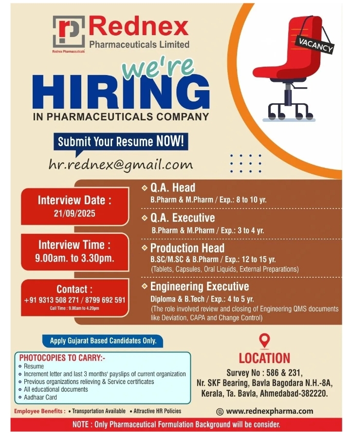 Job openings at Rednex Pharma jobs in Ahmedabad