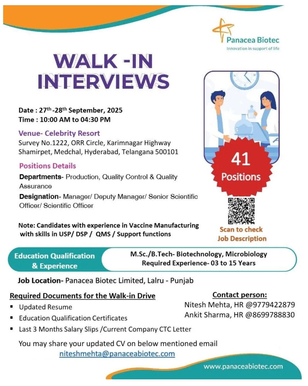 Job opening at Panacea Biotec pharma jobs