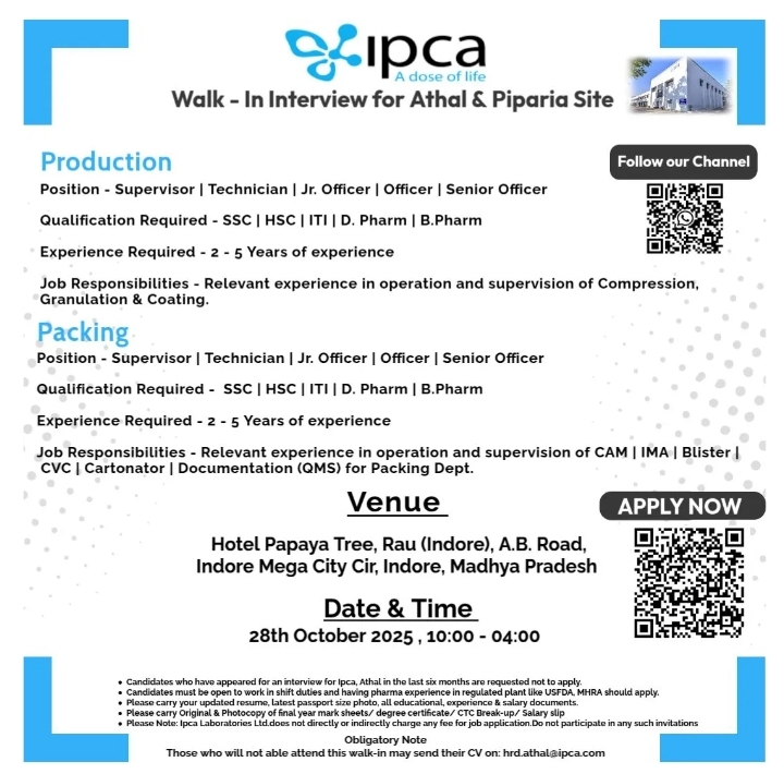 Job opening at Ipca pharma jobs interview 2025