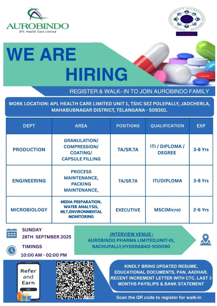 Job Opening at Aurobindo Pharma – pharma jobs Walk-In 2025