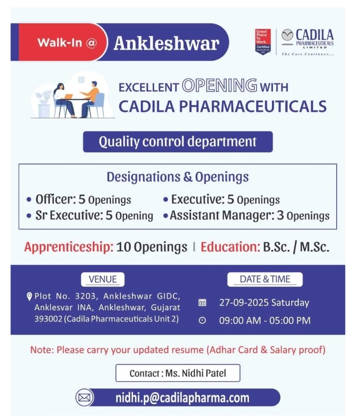 Job Opening at Cadila Pharma – pharma jobs Walk-In 2025