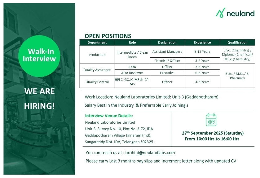 Job opening at Neuland Laboratories