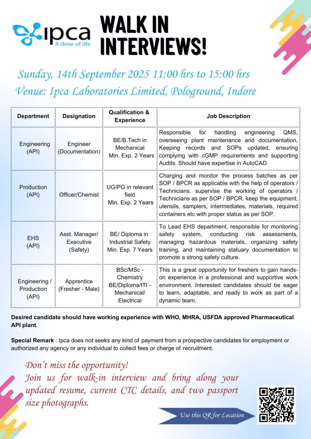 Ipca Laboratories pharma jobs openings 2025