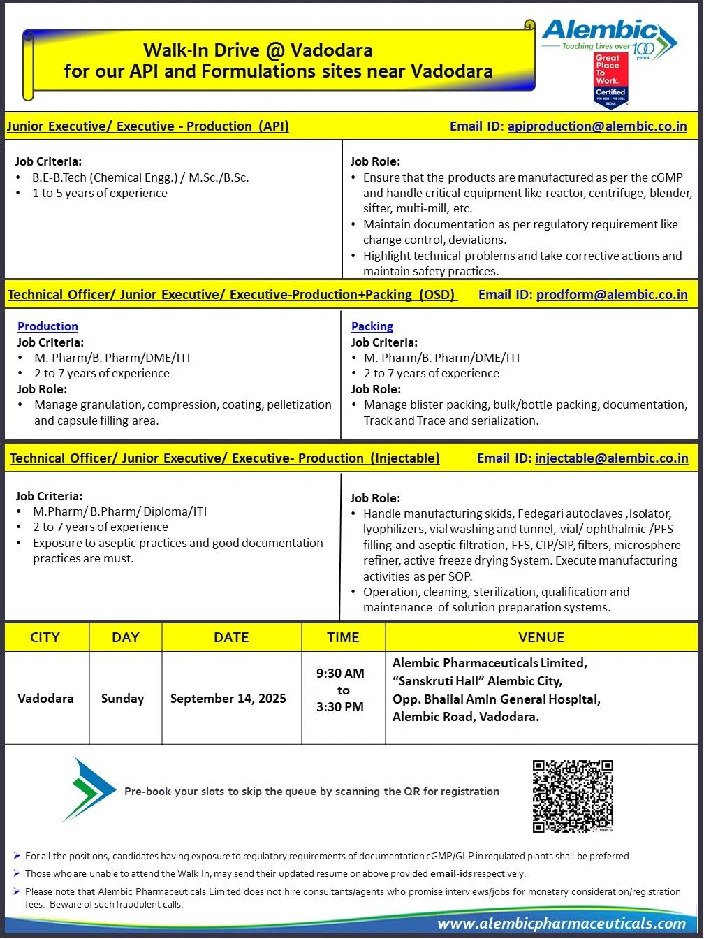 Alembic Pharma jobs in Vadodara 2025