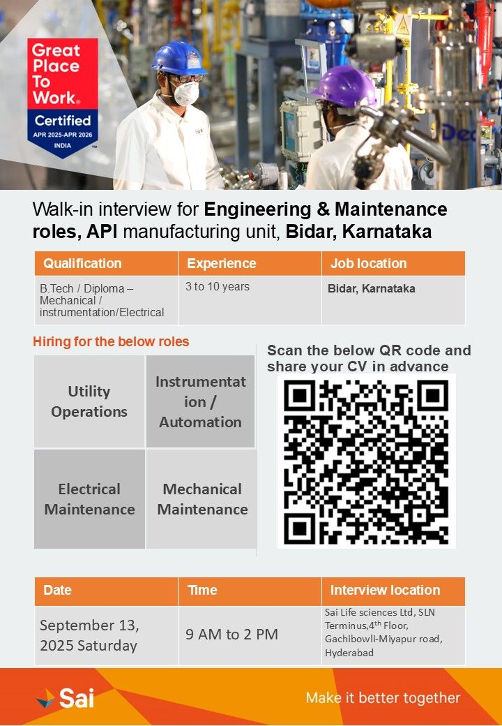Sai Pharma jobs in Bidar Walk-In 2025