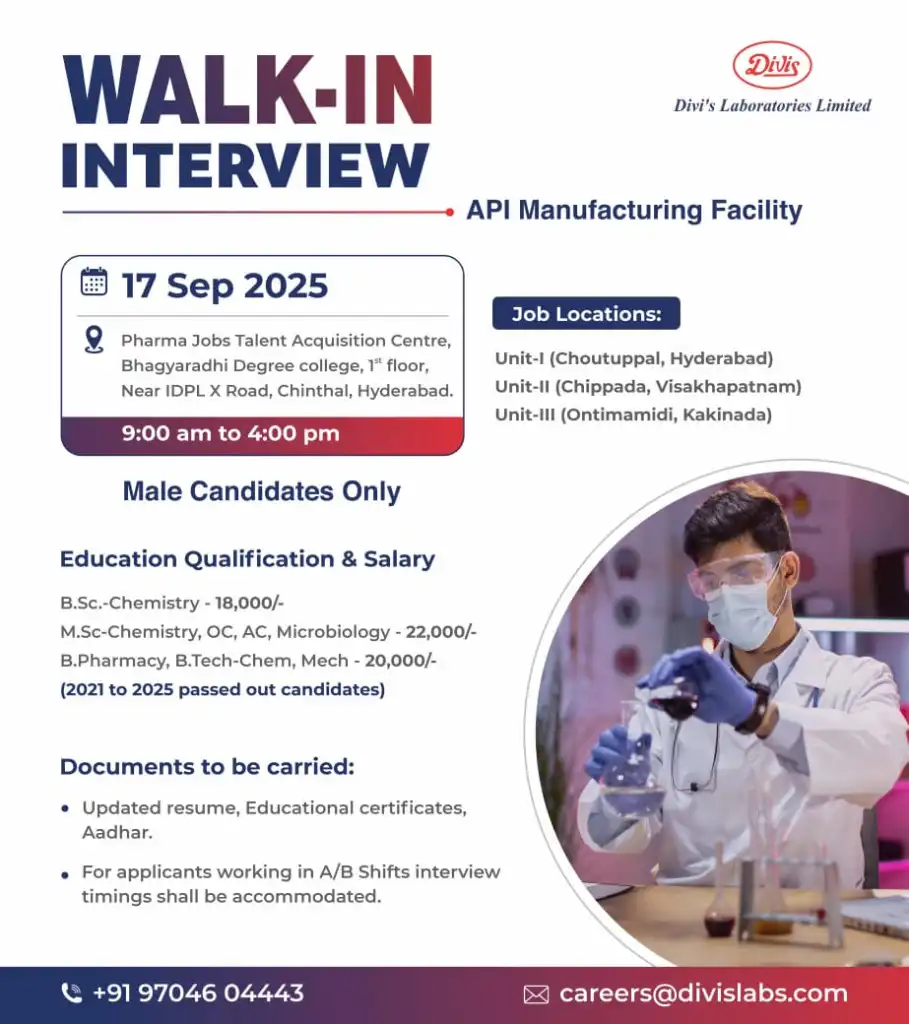 Divis Pharma Jobs in Hyderabad 2025