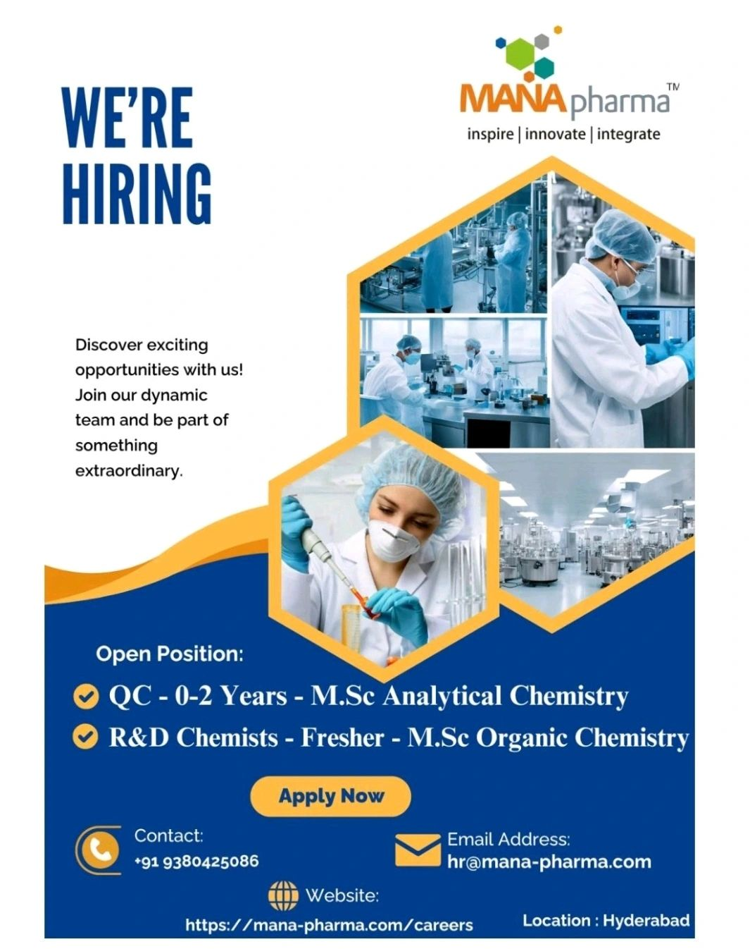 Mana Pharma M.Sc QC R&D pharma jobs