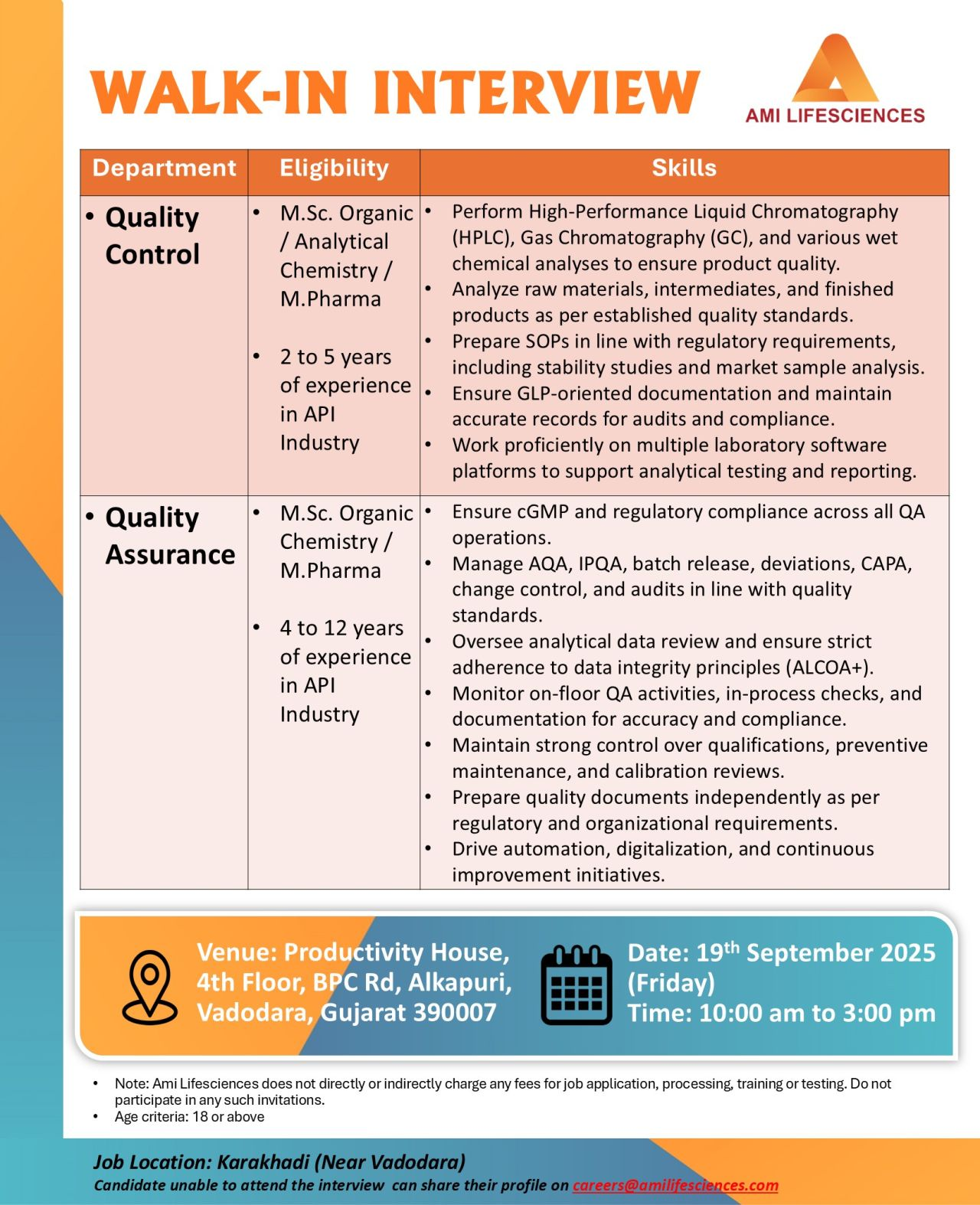 Job Opening at Ami Lifesciences Pharma jobs in Vadodara