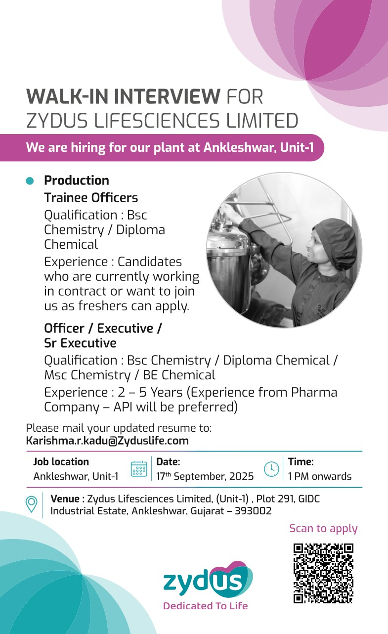 Job Opening – Zydus Lifesciences Pharma jobs in Ankleshwar