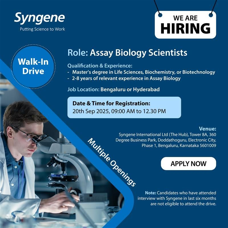 Syngene Pharma Jobs in Bengaluru – Walk-In Interview 20 Sept 2025
