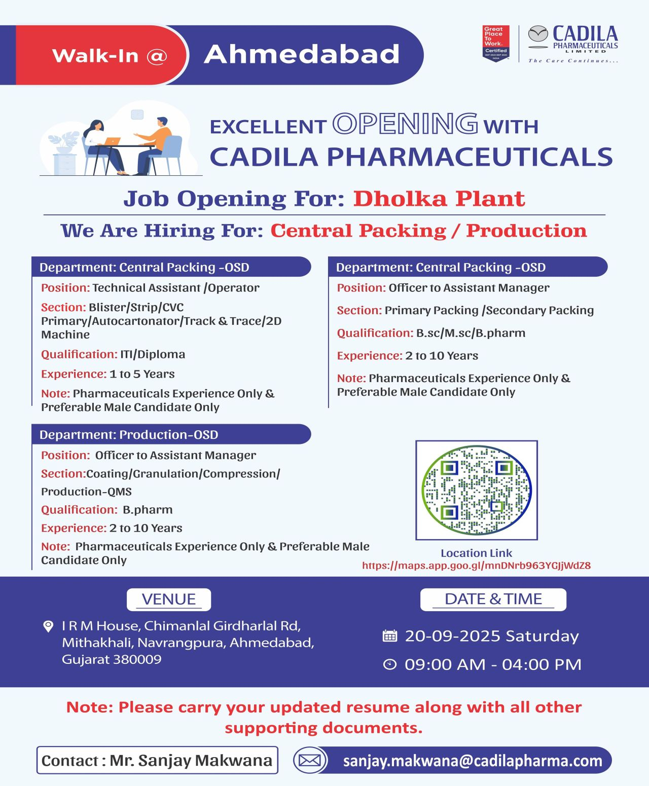 Job Opening Cadila Pharma Jobs in Ahmedabad