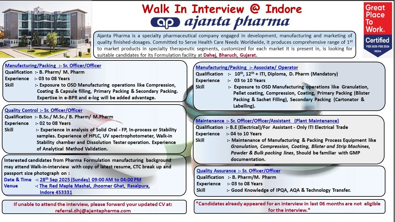 Job opening Ajanta Pharma pharma jobs