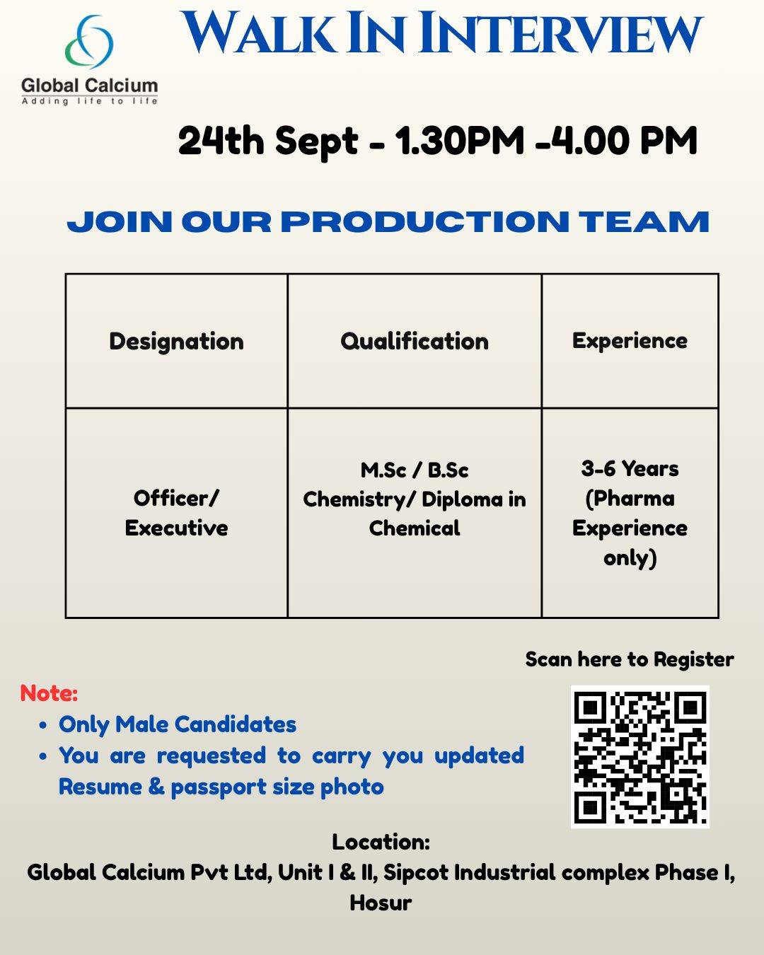 Job Opening Global Calcium Pharma jobs in Hosur