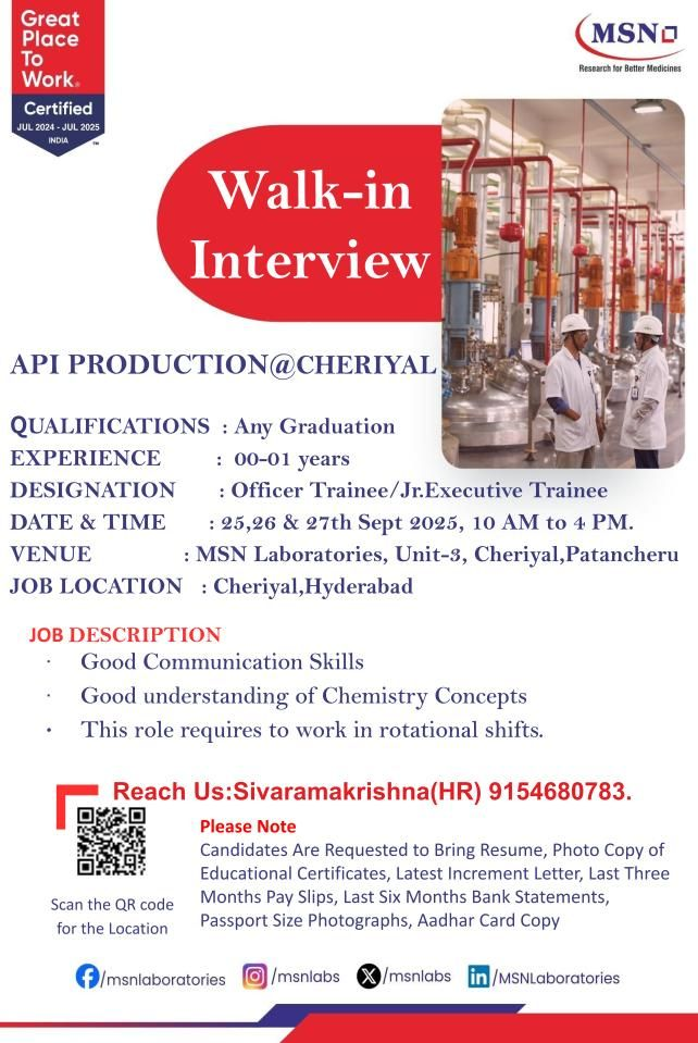 Job opening MSN Pharma jobs in Hyderabad