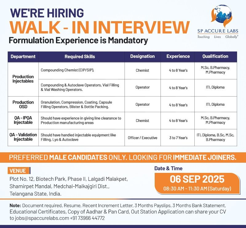 SP Accure Labs Pharma jobs in Hyderabad 2025