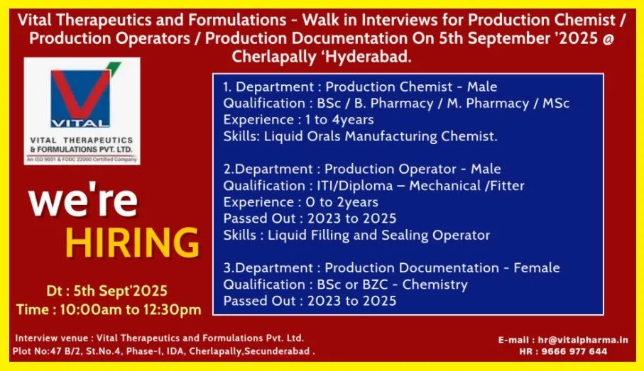 Vital Therapeutics Pharma jobs in Hyderabad Job Opening