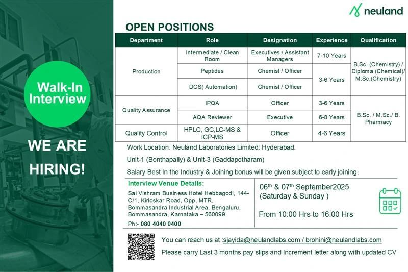 Neuland Pharma jobs in Hyderabad Walk-In Interview