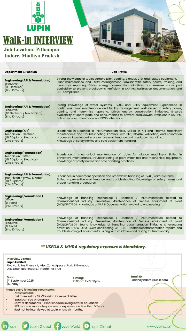 Lupin Pharma jobs in Indore Walk-In Interview